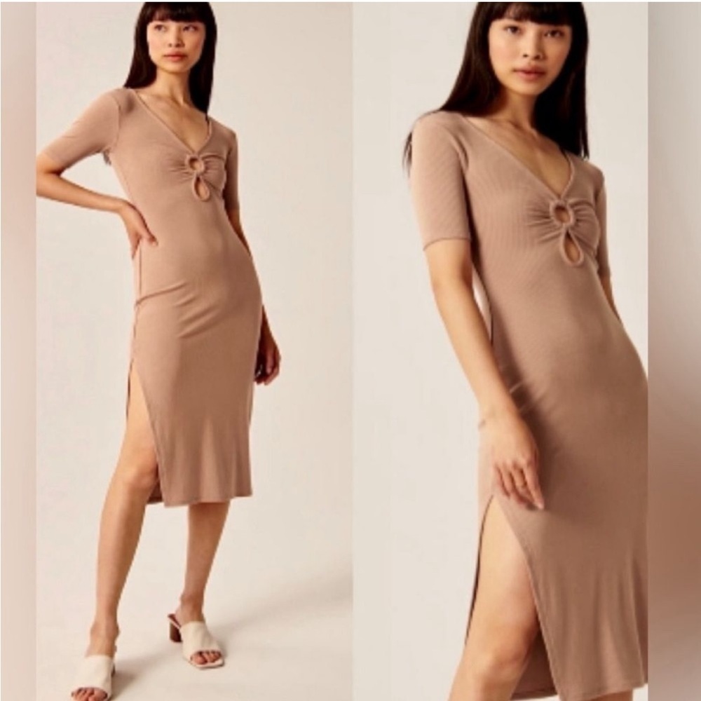 Abercrombie & Fitch Ribbed Tan Midi Dress with Keyhole Detail